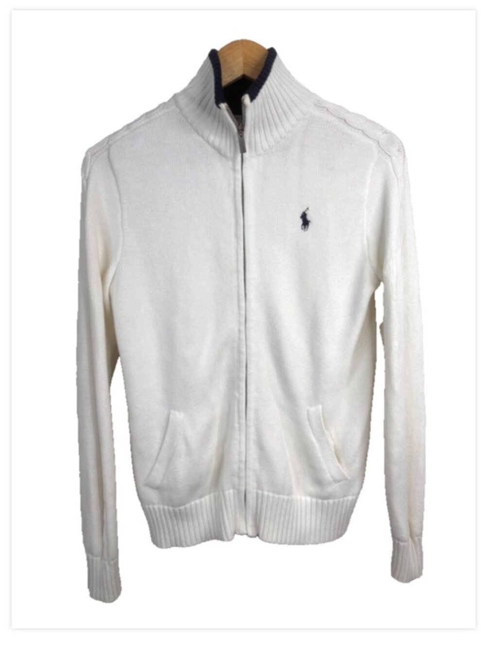 VTG Ralph Lauren Sport White Cable Knit Cardigan M Zip Mockneck Tennis Nautical